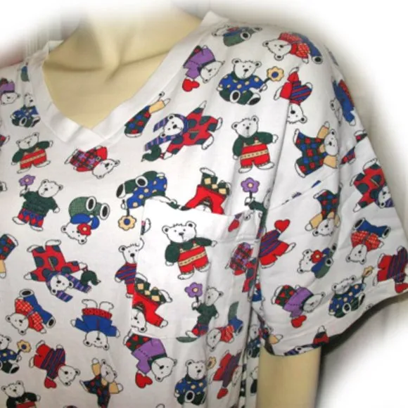 Vintage 80s 90s Womens Teddy Bear Long Shirt Dress Large Nighty Sleepwear White