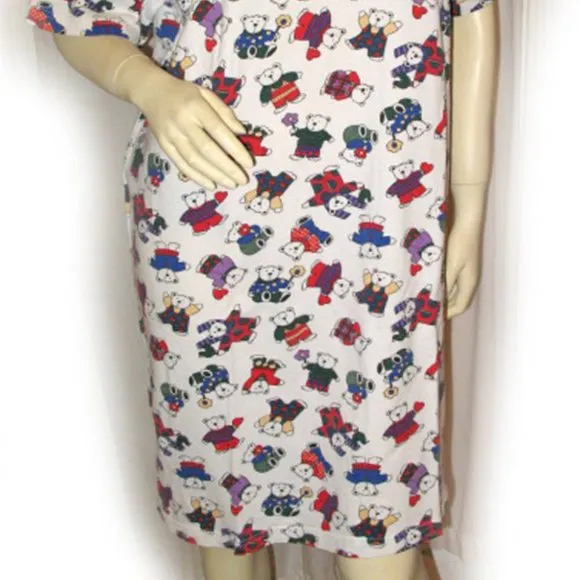 Vintage 80s 90s Womens Teddy Bear Long Shirt Dress Large Nighty Sleepwear White
