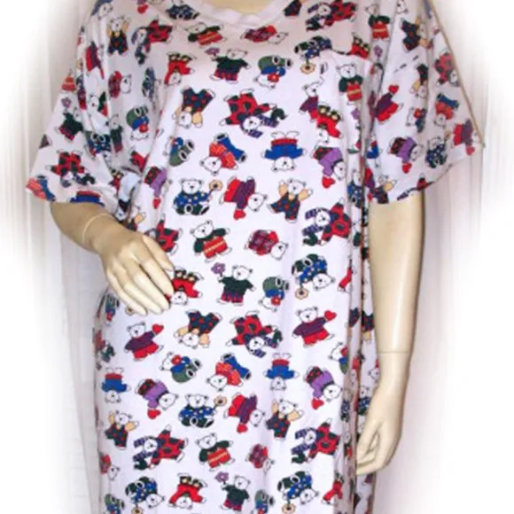 Vintage 80s 90s Womens Teddy Bear Long Shirt Dress Large Nighty Sleepwear White