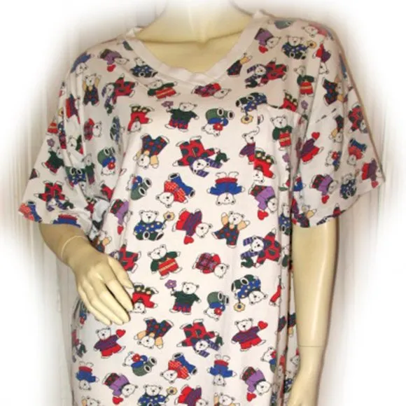 Vintage 80s 90s Womens Teddy Bear Long Shirt Dress Large Nighty Sleepwear White