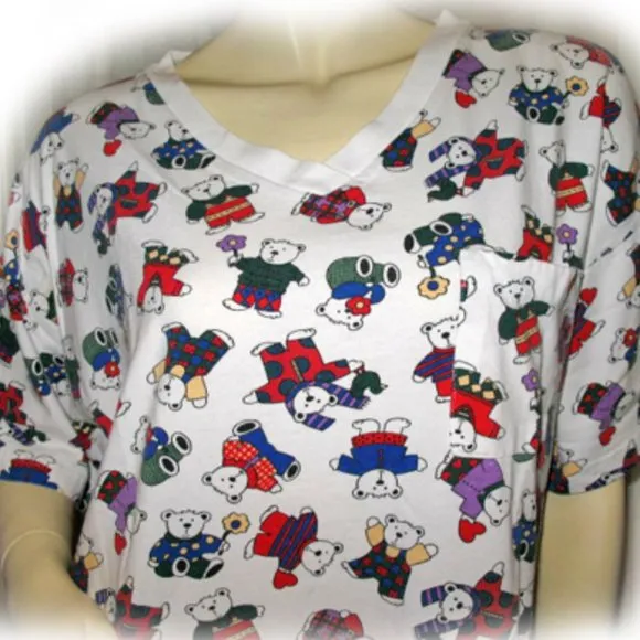Vintage 80s 90s Womens Teddy Bear Long Shirt Dress Large Nighty Sleepwear White