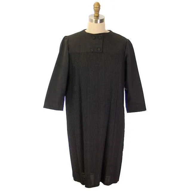 Vintage Charcoal Gray Crystal Pleated Shift Dress 1960s 38" Bust