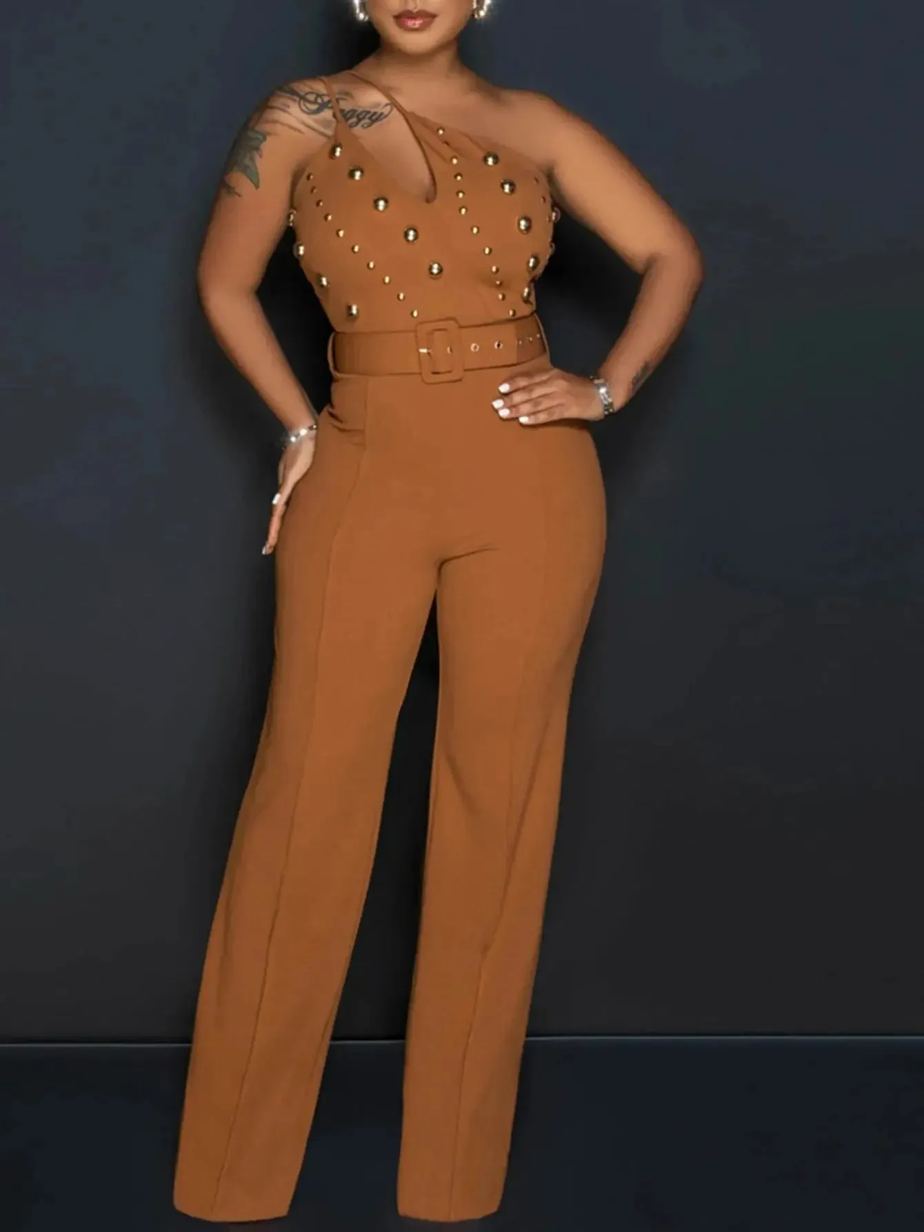 Vintage Peek-A-Boo Collar Rhinestone Studded Jumpsuit