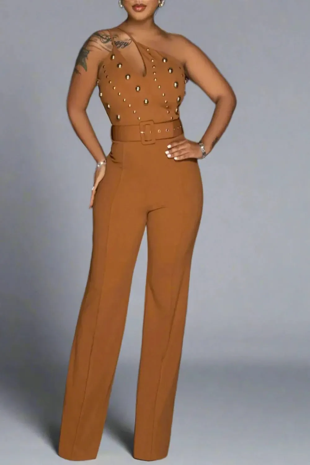 Vintage Peek-A-Boo Collar Rhinestone Studded Jumpsuit