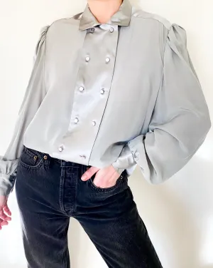 Vintage Silver Double-Breasted Silk Blouse