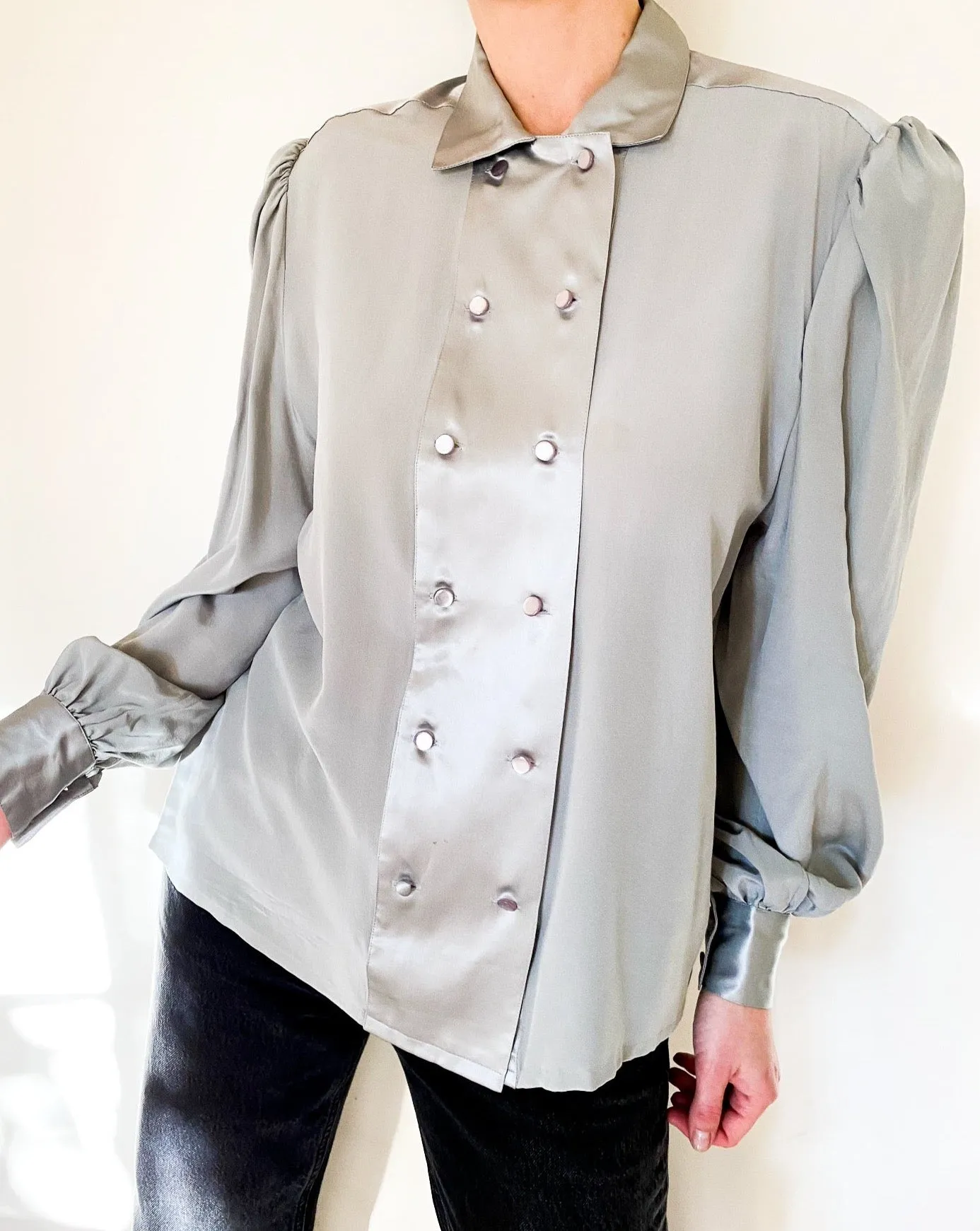 Vintage Silver Double-Breasted Silk Blouse