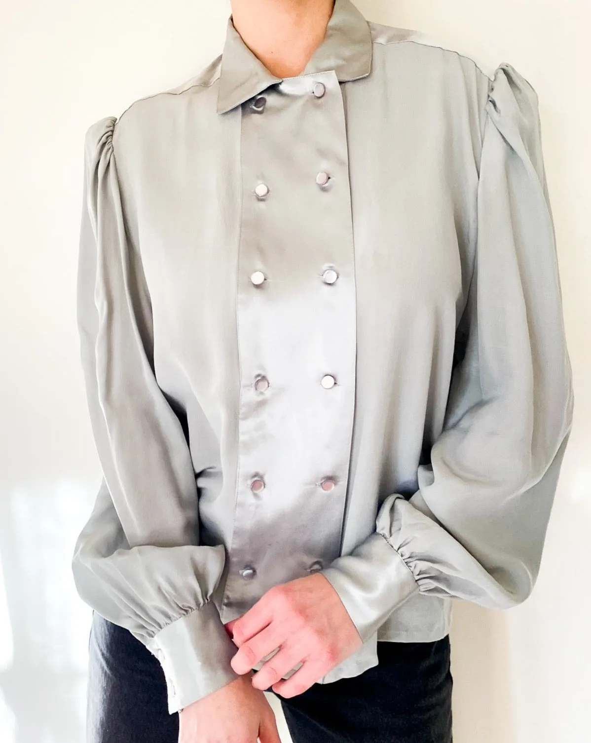 Vintage Silver Double-Breasted Silk Blouse