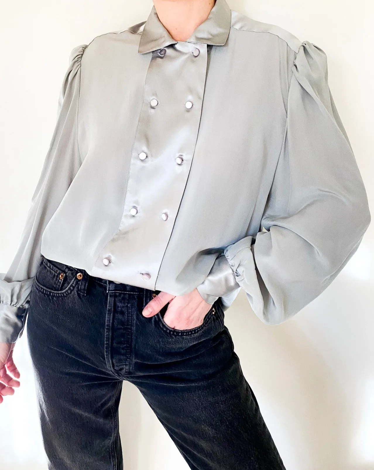Vintage Silver Double-Breasted Silk Blouse
