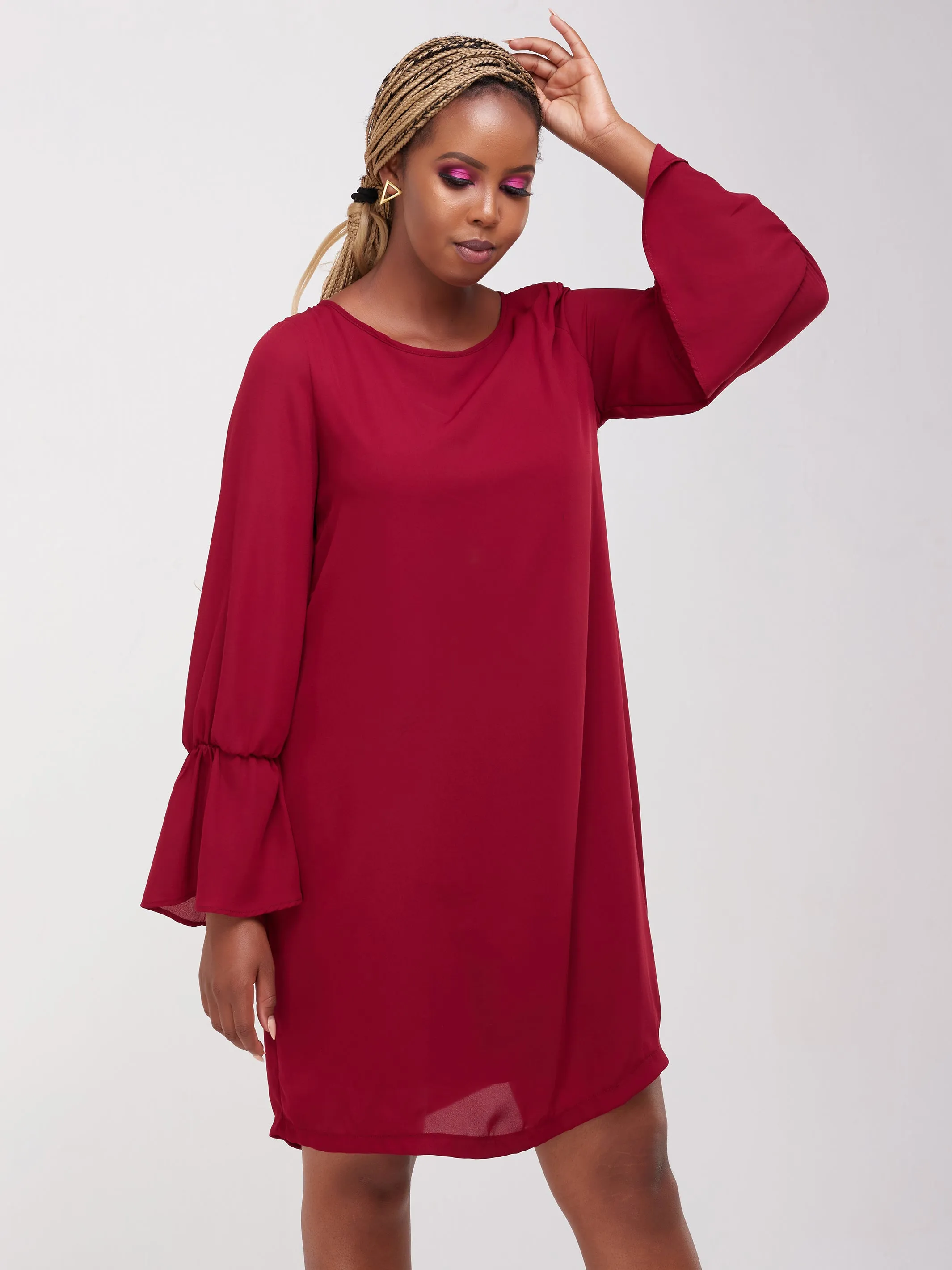Vivo Tamari Long Sleeve Chiffon Shift Dress - Maroon
