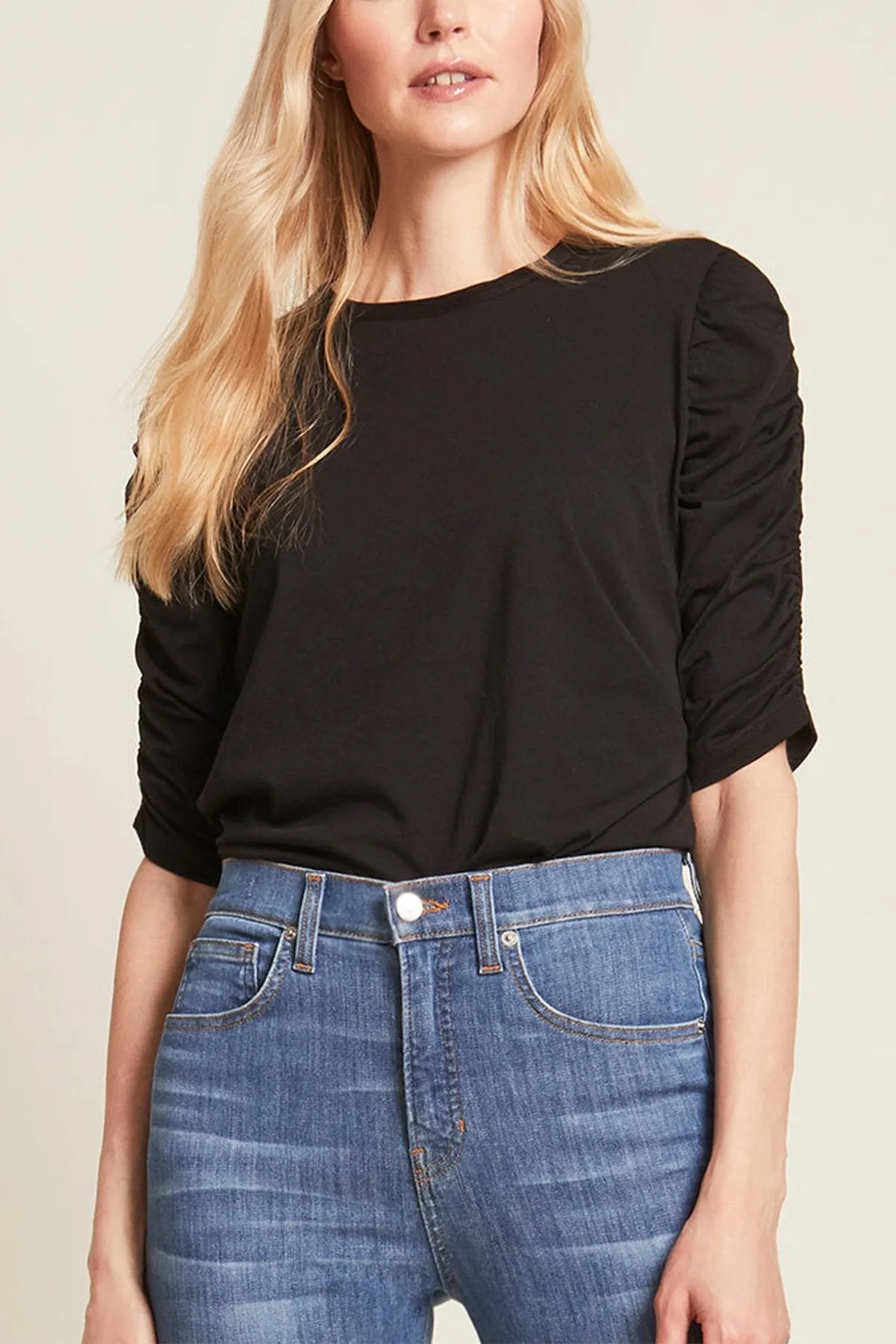 Waldorf Ruched-Sleeve Tee Top in Black
