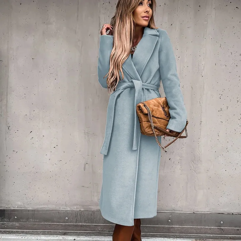 Warm Long Women Woolen Coat with Belt Casual Elegant Solid Color Female Windbreakers Overcoat