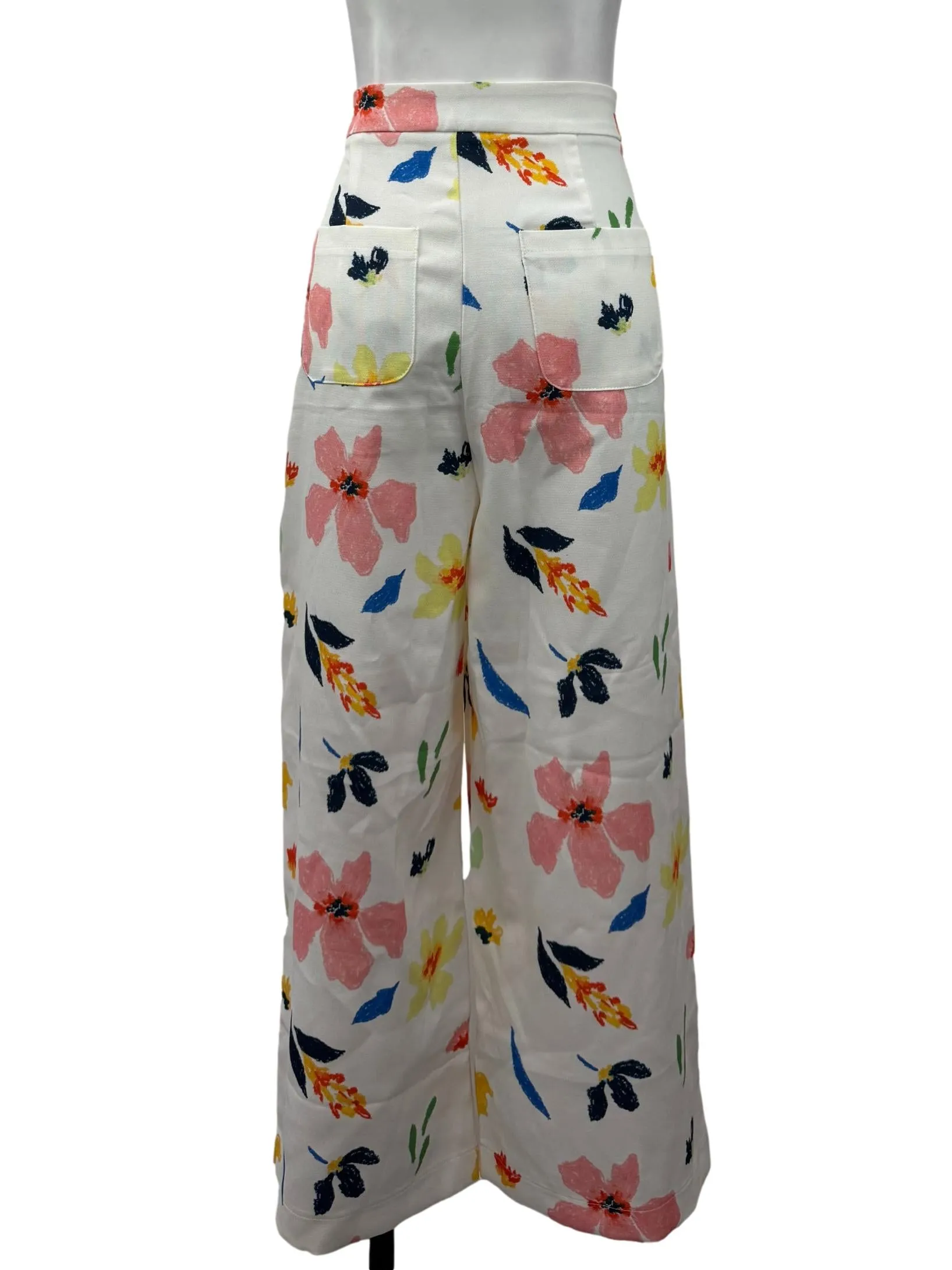 White Floral Print Wide Leg Trousers