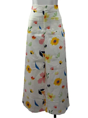 White Floral Print Wide Leg Trousers