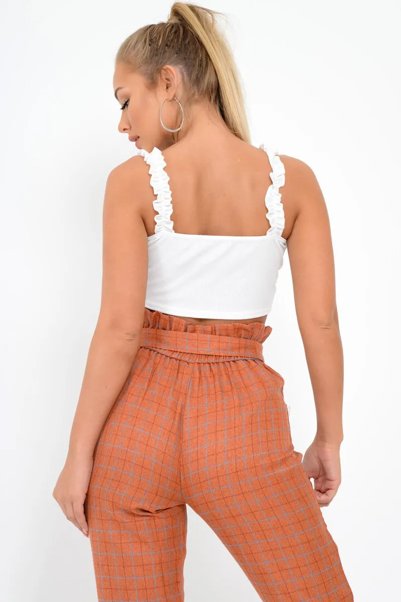 White Frill Tie Front Crop Top - Adali