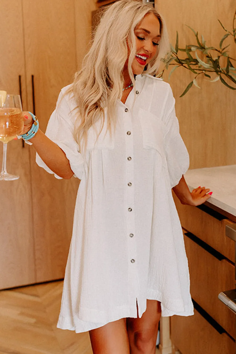 White Half Puff Sleeve Buttoned Shirt Mini Dress