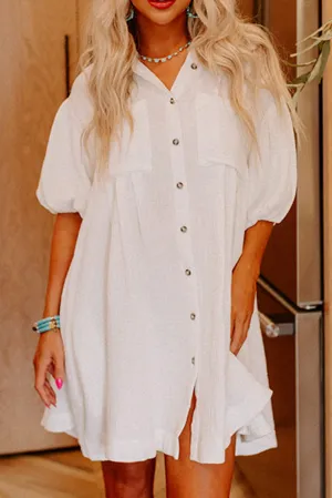 White Half Puff Sleeve Buttoned Shirt Mini Dress
