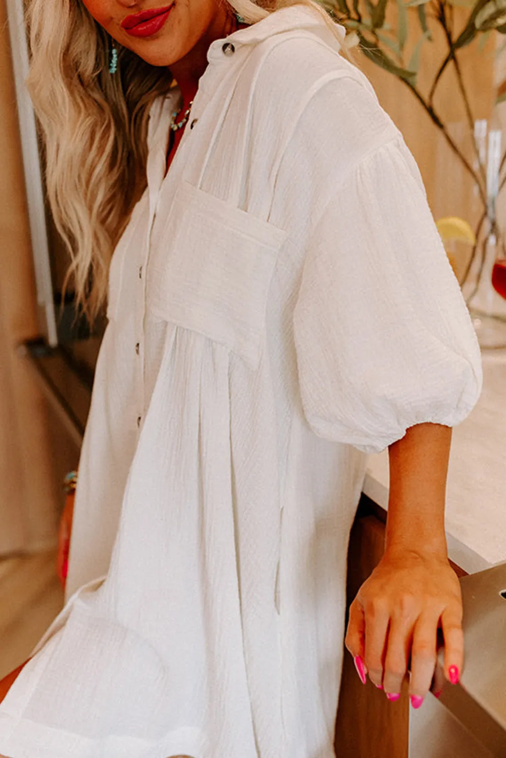 White Half Puff Sleeve Buttoned Shirt Mini Dress