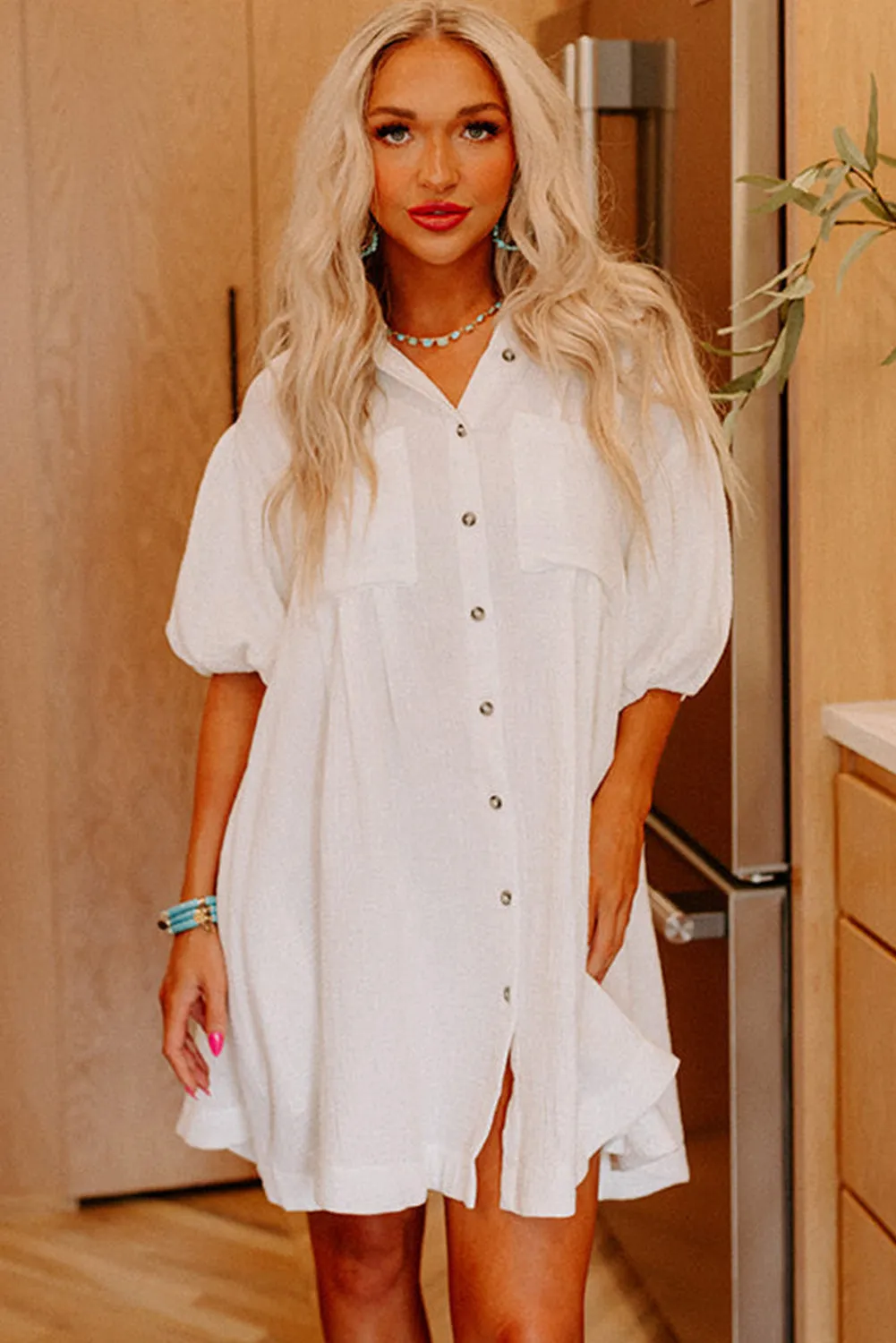 White Half Puff Sleeve Buttoned Shirt Mini Dress