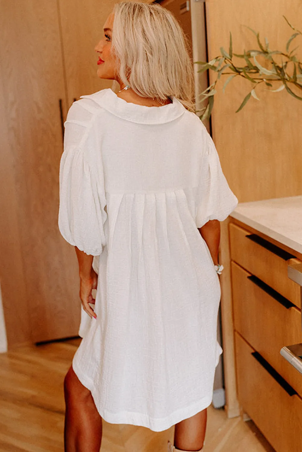 White Half Puff Sleeve Buttoned Shirt Mini Dress