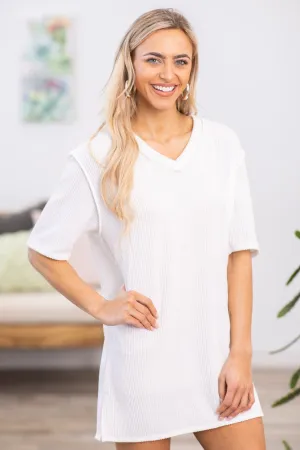 White Ribbed Knit V-Neck T-Shirt Dress