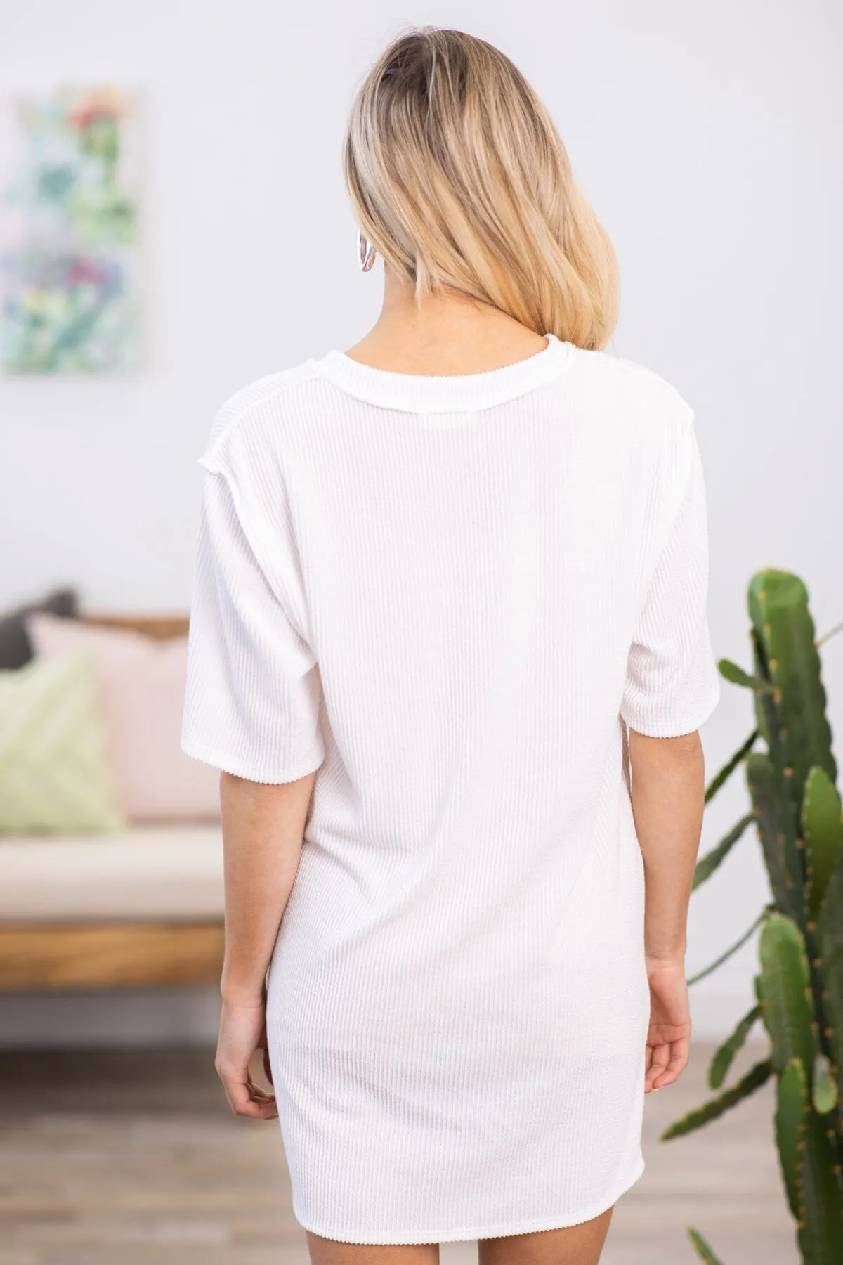 White Ribbed Knit V-Neck T-Shirt Dress