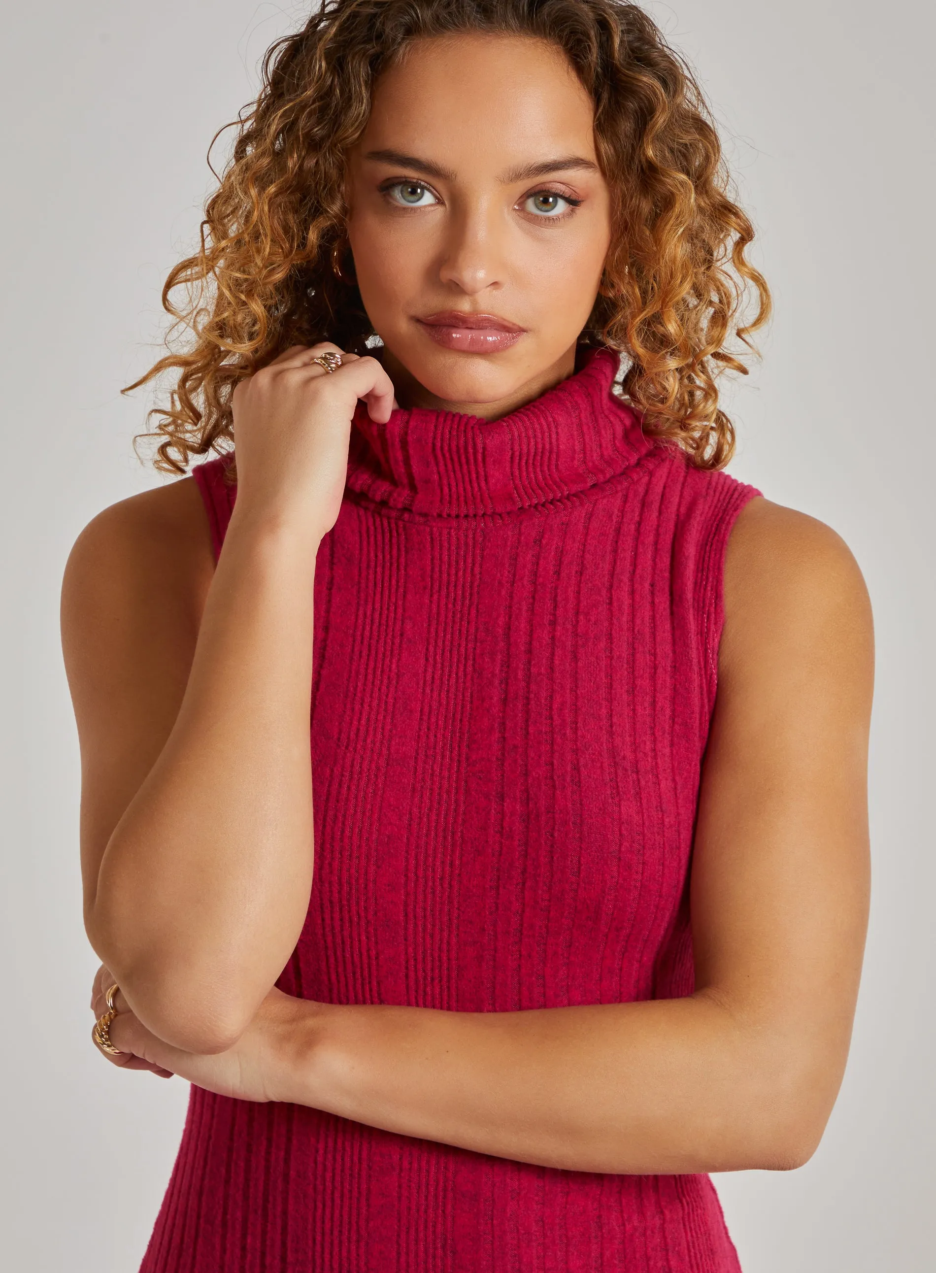 Wide Brushed Rib Sleeveless Roll Neck Dress