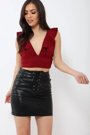 Wine Plunge Ruffle Crop Top With Cut Out Back - Nia