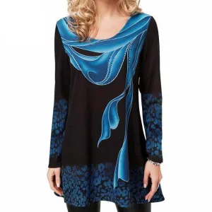 Women Fashion Sea Blue Hot Design Long Sleeve Tee Printed O-neck T-Shirt Elegant Female Casual Outdoor Style Tops H223