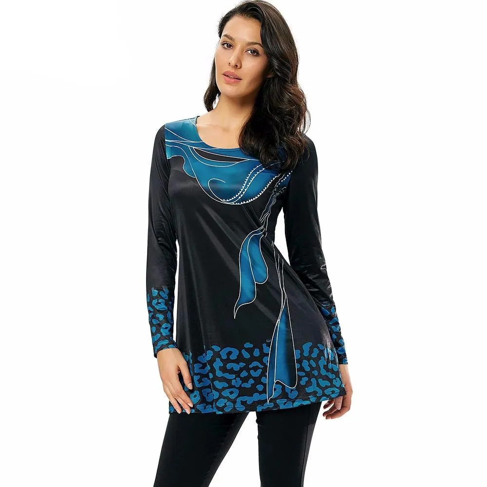 Women Fashion Sea Blue Hot Design Long Sleeve Tee Printed O-neck T-Shirt Elegant Female Casual Outdoor Style Tops H223
