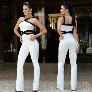 Women Flare Pants Cut Out Cross Bandage Bodycon Full-Length Jumpsuit Club Night Long Romper