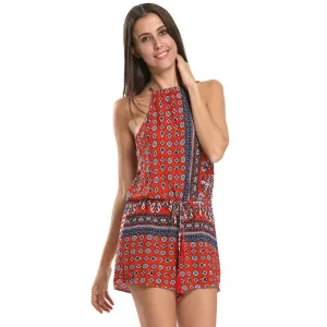 Women Summer Style Folk Prints Romper Red Blue Tribal Aztec Sleeveless Halter Playsuit Jumpsuits
