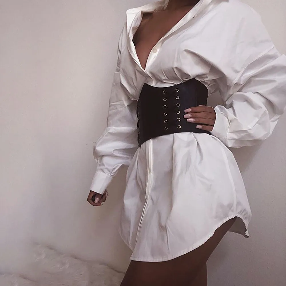 Women's Autumn and Winter Long-sleeved Lapel Shirt Waist Sexy Shirt Skirt Single-breasted Solid Color Shirt