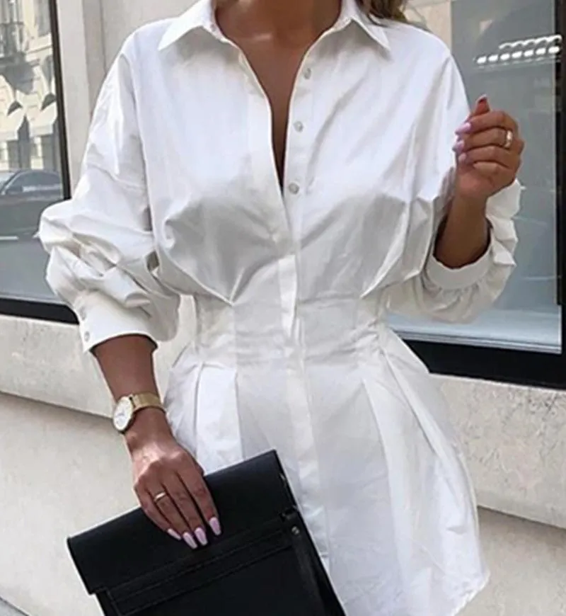 Women's Autumn and Winter Long-sleeved Lapel Shirt Waist Sexy Shirt Skirt Single-breasted Solid Color Shirt