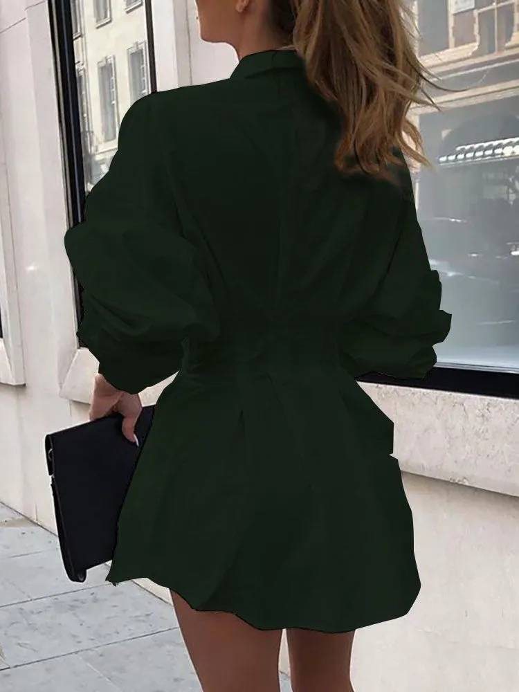 Women's Autumn and Winter Long-sleeved Lapel Shirt Waist Sexy Shirt Skirt Single-breasted Solid Color Shirt