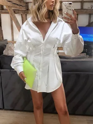 Women's Autumn and Winter Long-sleeved Lapel Shirt Waist Sexy Shirt Skirt Single-breasted Solid Color Shirt