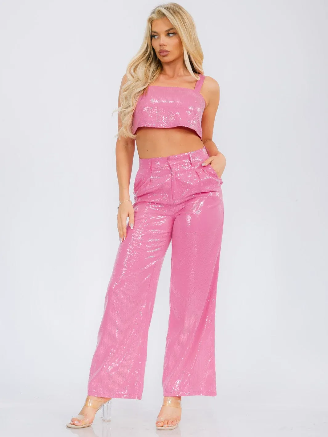 WOMEN'S CROP TANK TOP & BUTTON CLOSURE WIDE LEG PANTS SEQUINS 2PC SET