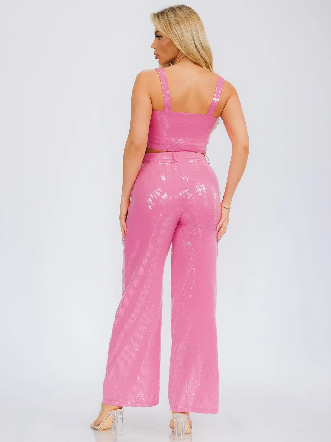 WOMEN'S CROP TANK TOP & BUTTON CLOSURE WIDE LEG PANTS SEQUINS 2PC SET
