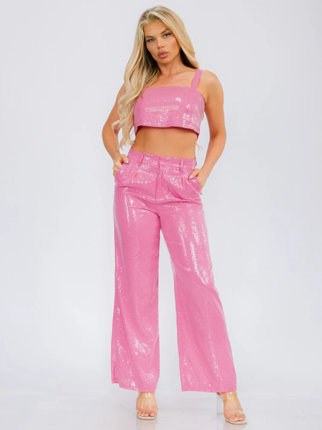 WOMEN'S CROP TANK TOP & BUTTON CLOSURE WIDE LEG PANTS SEQUINS 2PC SET