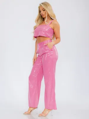 WOMEN'S CROP TANK TOP & BUTTON CLOSURE WIDE LEG PANTS SEQUINS 2PC SET