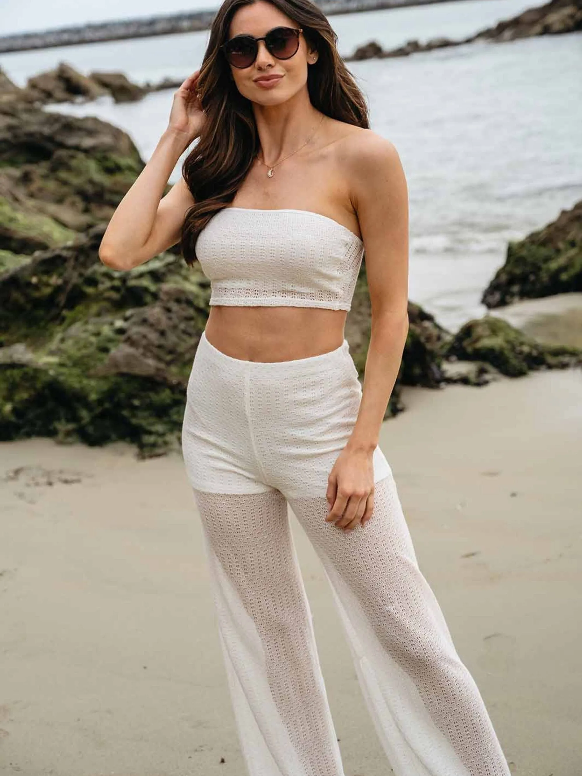 WOMEN'S CROP TUBE TOP & WIDE LEG PANTS 2PC SET