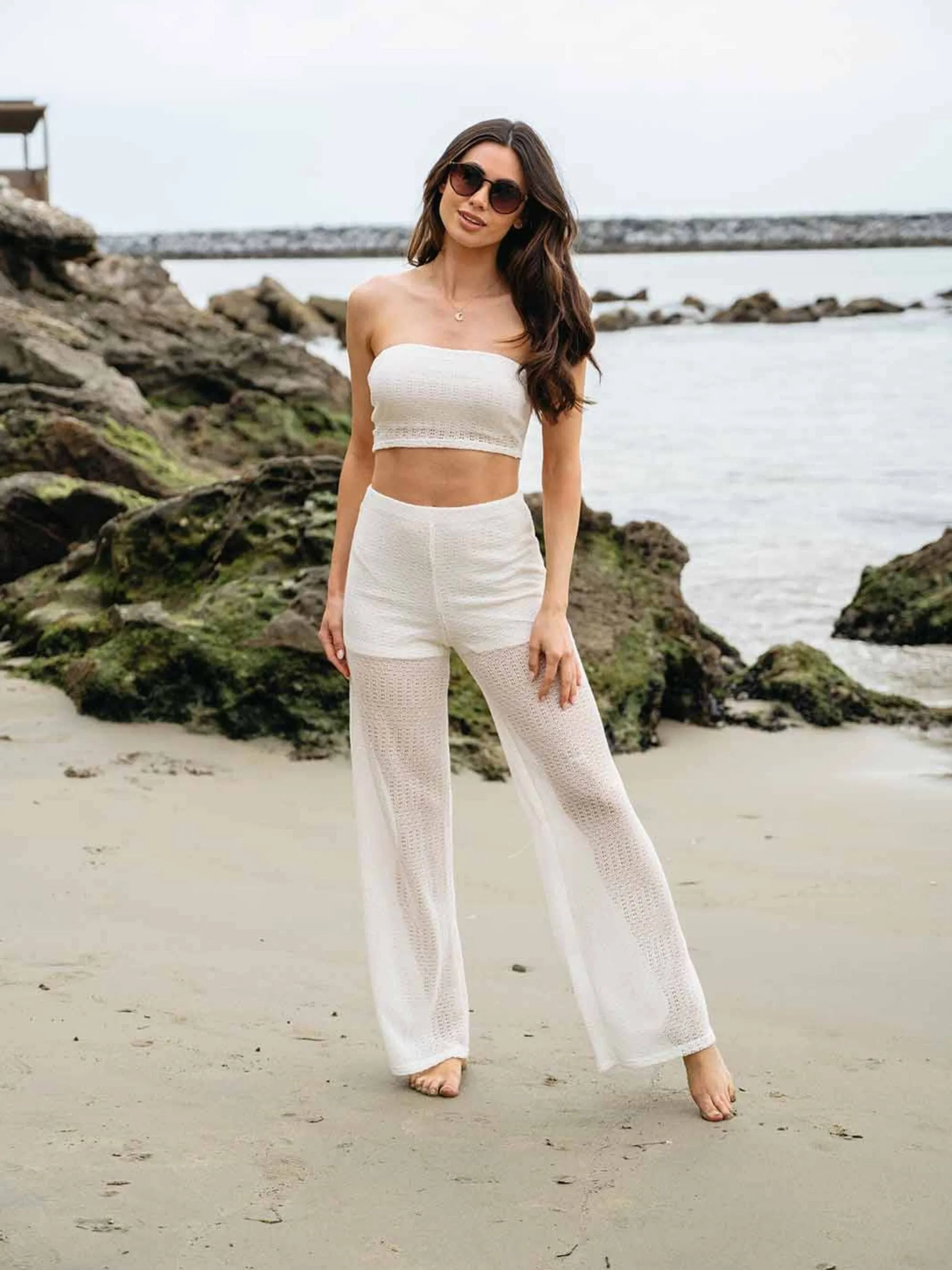 WOMEN'S CROP TUBE TOP & WIDE LEG PANTS 2PC SET