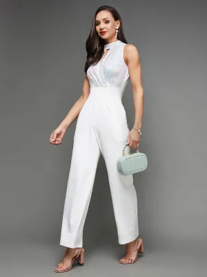 Women's Off White Halter Neck Sleeveless Embellished Wrap Regular Length Polyester Jumpsuits
