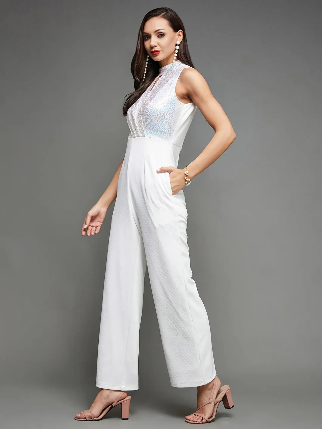 Women's Off White Halter Neck Sleeveless Embellished Wrap Regular Length Polyester Jumpsuits