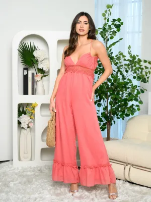 WOMEN'S RUFFLE CROCHET BACK DETAIL JUMPSUIT