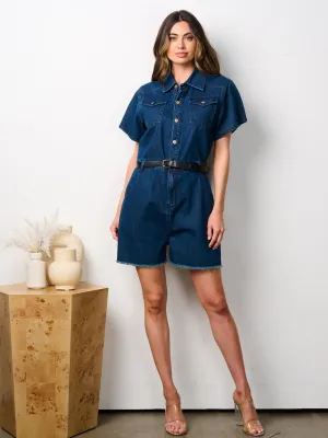 WOMEN'S SHORT SLEEVE BUTTON UP BELTED DENIM ROMPER