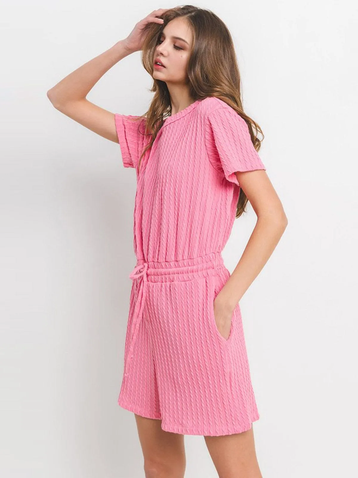 WOMEN'S SHORT SLEEVE SELF TIE FRONT POCKETS DETAILED ROMPER