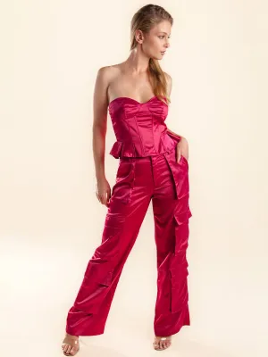WOMEN'S SLEEVELESS CROP TOP & PANTS 2PC. SATIN SET