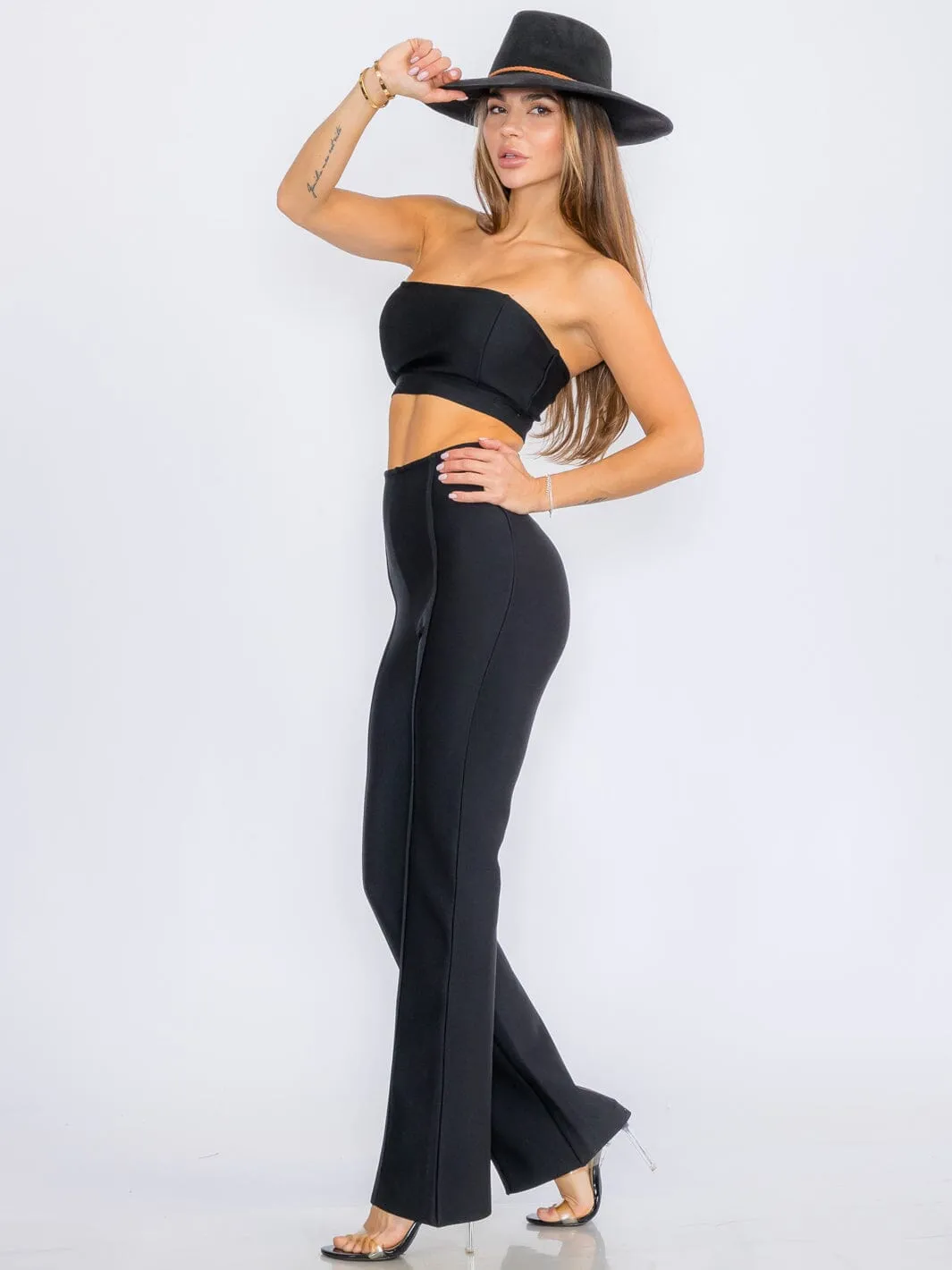 WOMEN'S SLEEVELESS CROP TOP & ZIP UP BELL LEG PANTS BANDAGE 2PC.SET