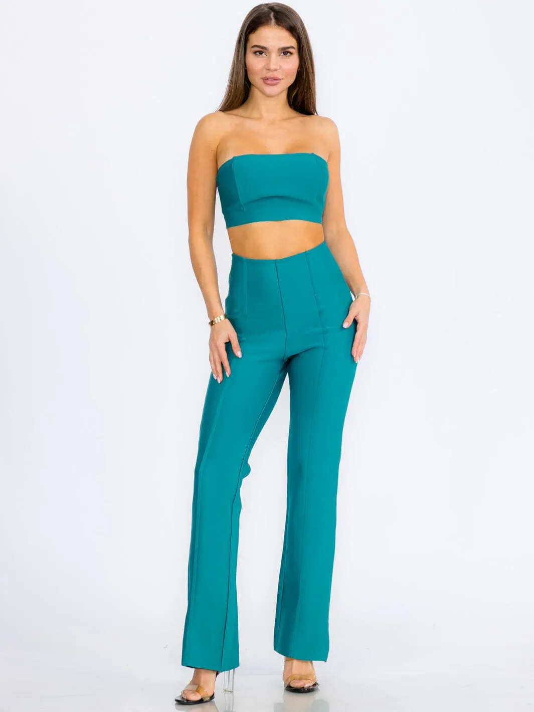 WOMEN'S SLEEVELESS CROP TOP & ZIP UP BELL LEG PANTS BANDAGE 2PC.SET