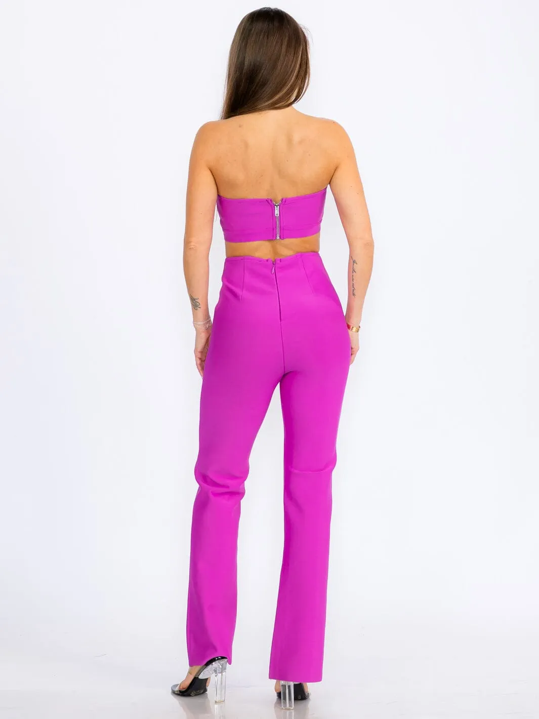 WOMEN'S SLEEVELESS CROP TOP & ZIP UP BELL LEG PANTS BANDAGE 2PC.SET